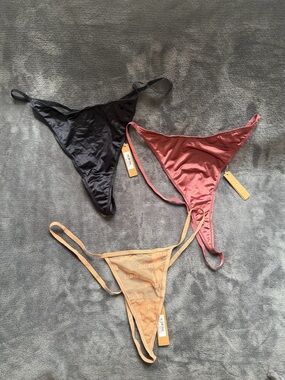 Skims 3-Pack Women’s Satin & Mesh Thong Set - Black, Rose, Nude